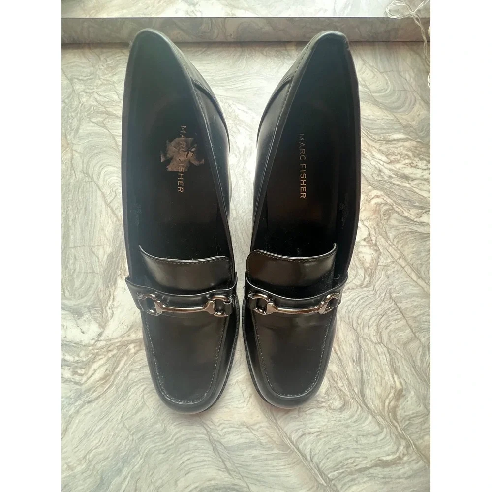 Marc Fisher Black Leather Horsebit Loafer Heels Womens 10M Block Chunky‎